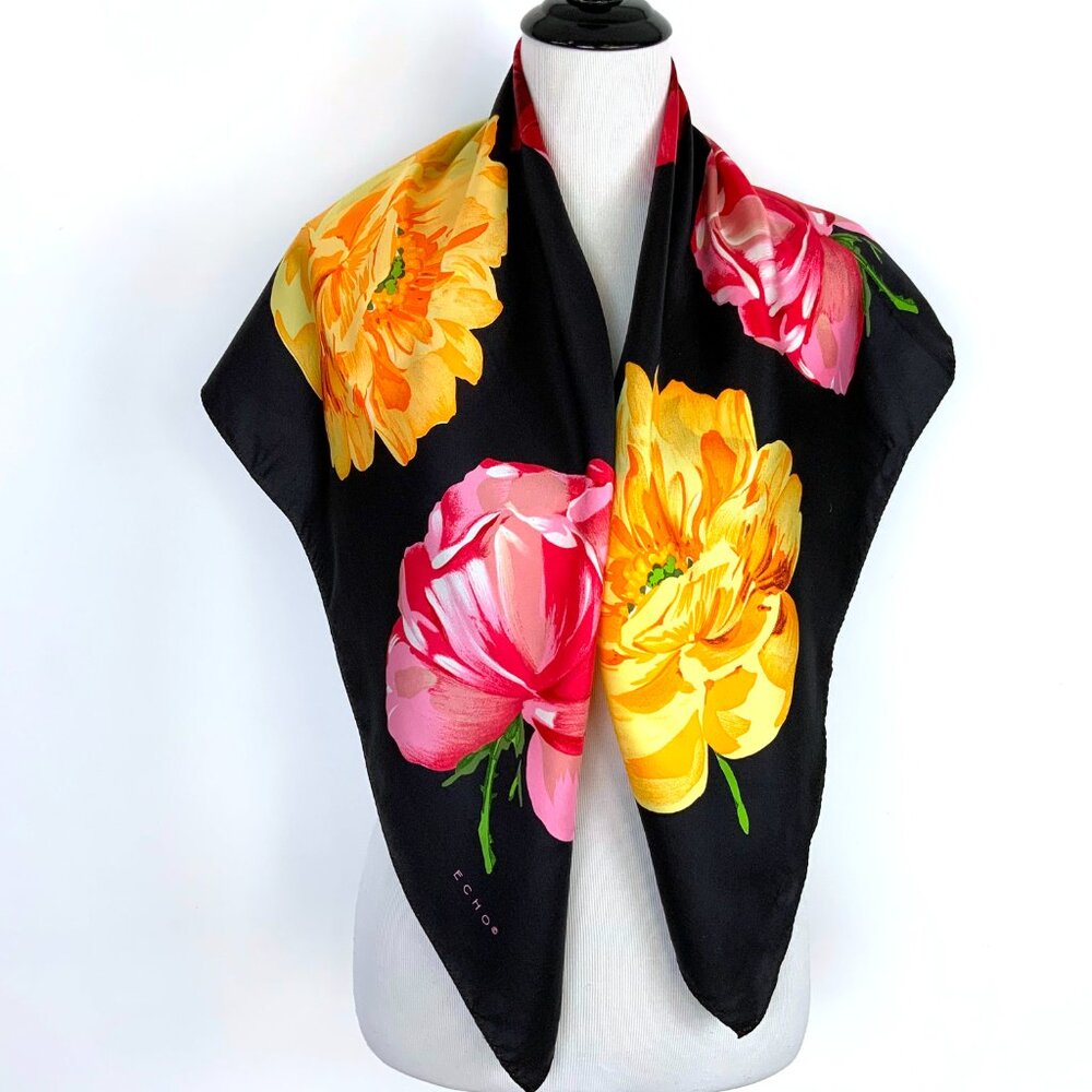 ECHO Large Square Silk Scarf Rose Blossons on Black Background 35" - Picture 2 of 16
